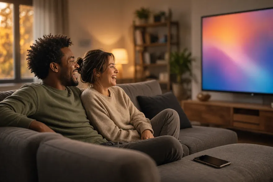 Two people sitting on a sofa laughing while watching a large wall-mounted television.