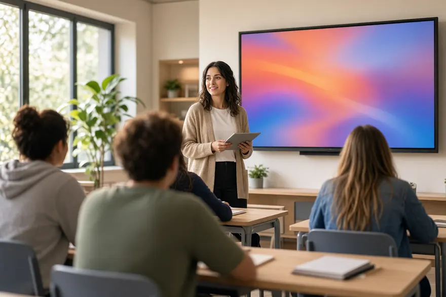 A teacher standing beside a large wall display in a bright classroom with students at desks.