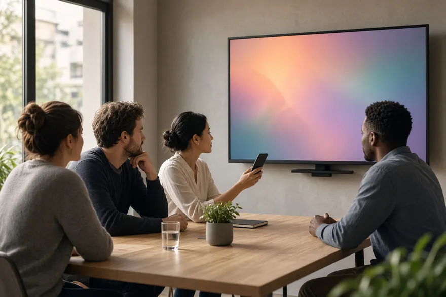 Four colleagues around a table in a small meeting room looking at a wall-mounted display.