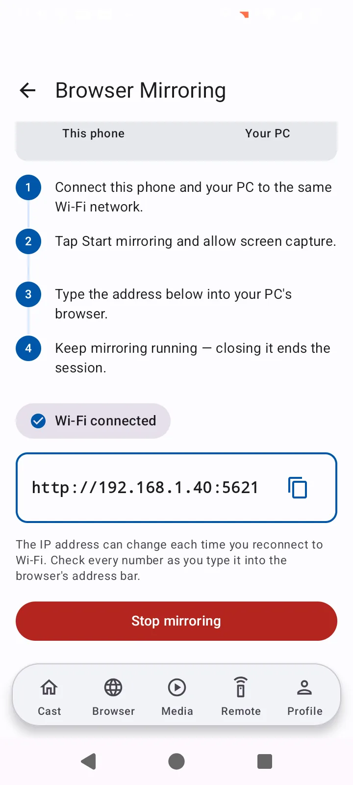 The browser mirroring screen, showing four numbered setup steps and a local address to type into a PC browser.